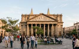 Teatro degollado y personas caminando