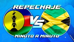 repechaje entre Nueva Caledonia y Jamaica con las banderas de ambos países en círculos y el texto 'Minuto a Minuto' sobre un fondo azul.