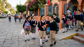 Niños saliendo de la escuela en un día soleado