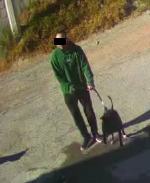 Hombre con el rostro cubierto paseando a un perro.