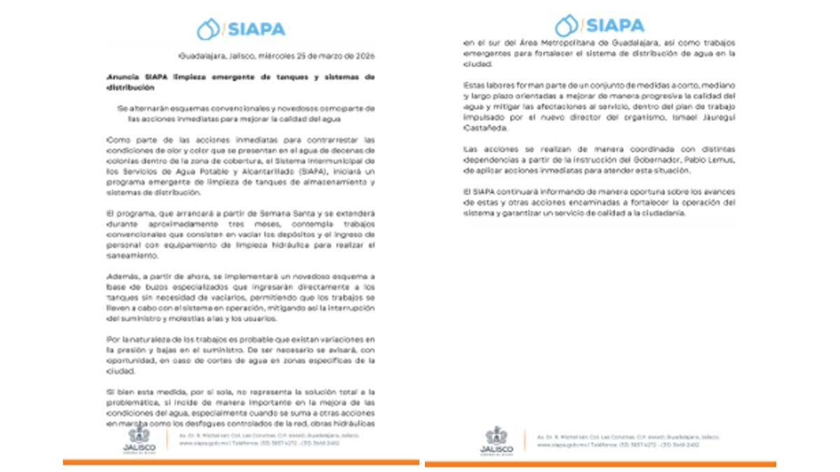 El SIAPA busca mejorar la calidad del agua tras reportes de mal olor y color en varias colonias.