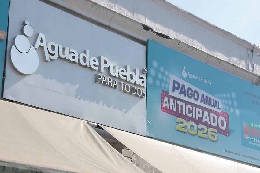 Fachada de Agua de Puebla junto a una promoción de pago anticipado.
