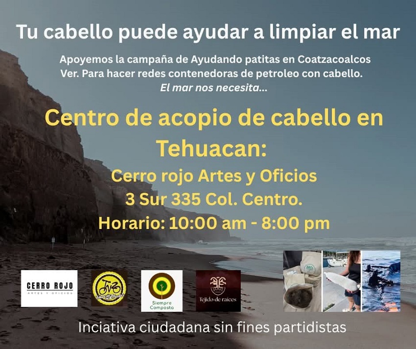 Convocatoria con la que se llama a donar cabello para limpiar playas contamiandas con hidrocarburo.