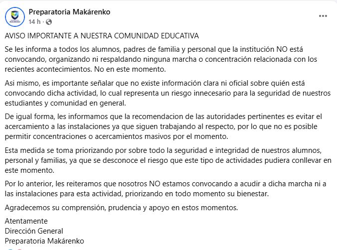 Preparatoria Antón Makárenko en Lázaro Cárdenas, invita a evitar Marcha por la Paz en Michoacán