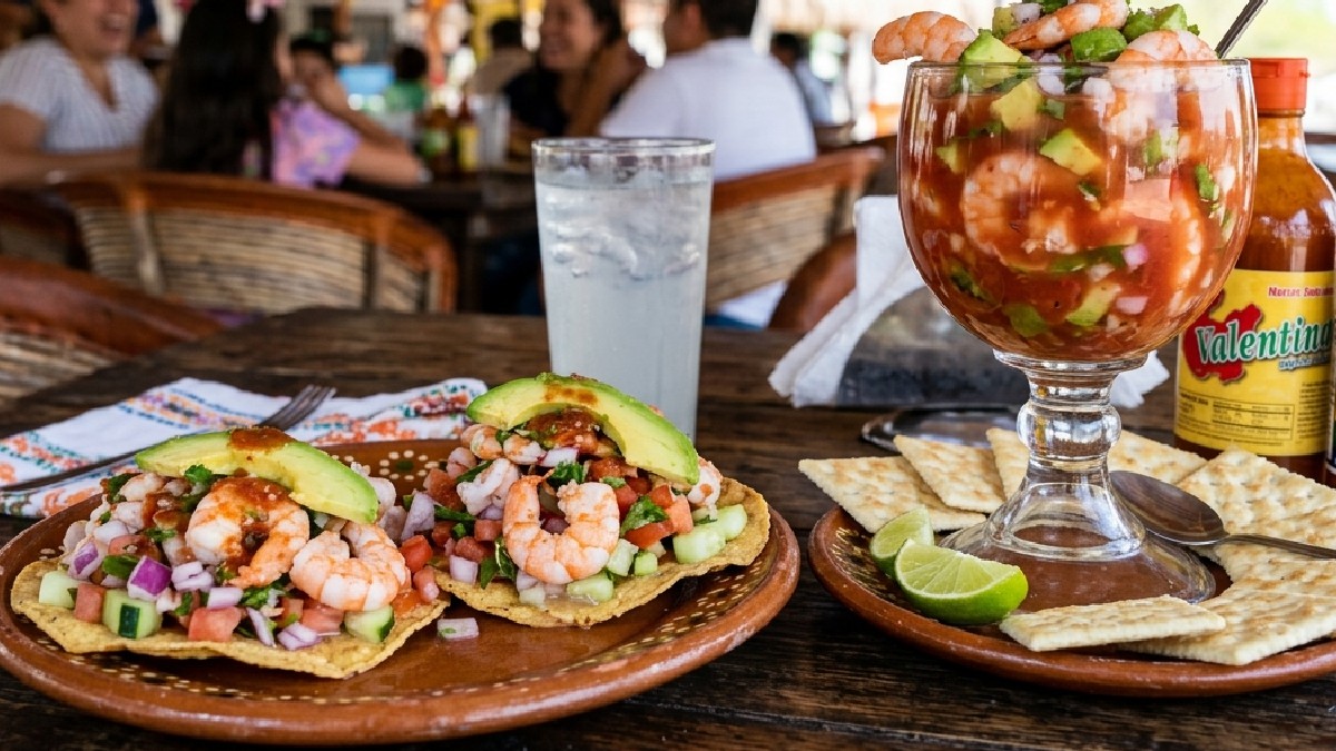 Tostadas de camarón y coctel de mariscos
