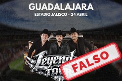Flyer fraudulento de concierto Leyendas Tour con Julión Álvarez, Alfredo Olivas y Edén Muñoz. Un letrero de Falso en la esquina inferior derecha