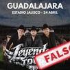 Flyer fraudulento de concierto Leyendas Tour con Julión Álvarez, Alfredo Olivas y Edén Muñoz. Un letrero de Falso en la esquina inferior derecha