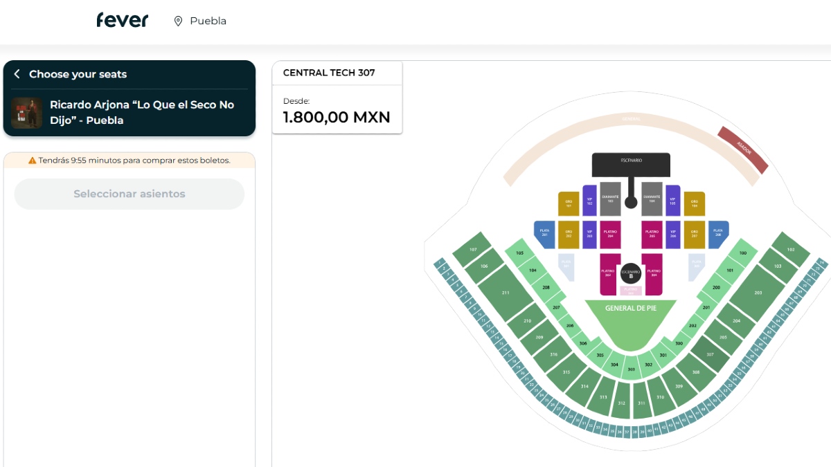 Ilustración de los asientos y los precios por zona para el concierto de Ricardo Arjona en Puebla 2026