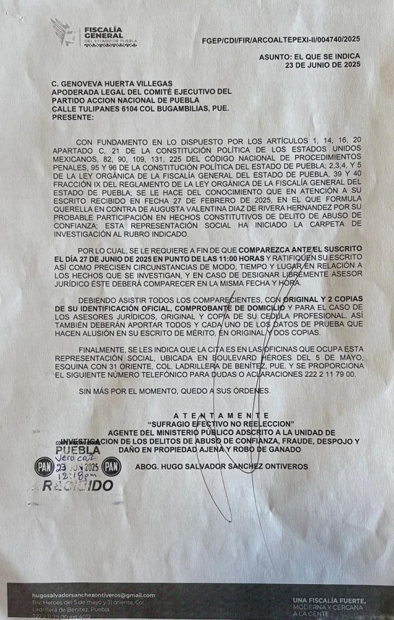 Imagen de una denuncia realizada por el PAN en Puebla.