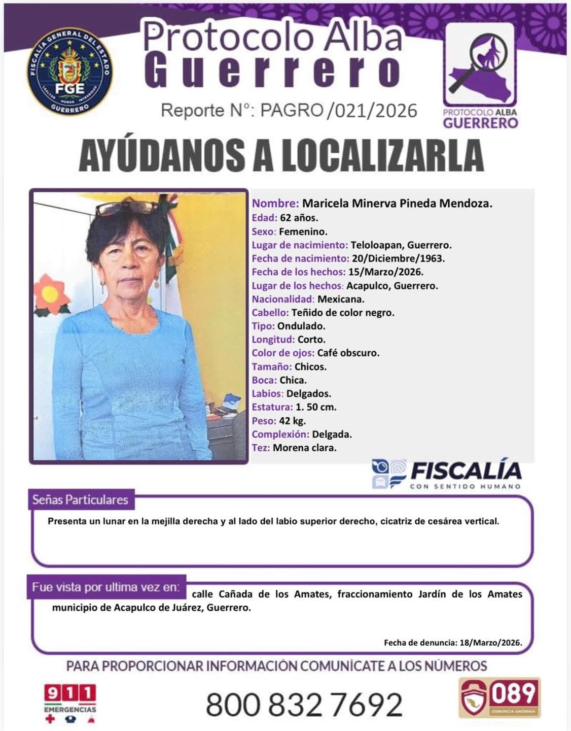 Ficha de búsqueda de Maricela Pineda Mendoza, maestra desaparecida en Acapulco