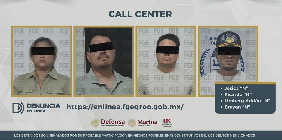 Rostros de personas detenidas en Cancún, con los ojos cubiertos.
