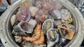 Una olla grande de aluminio con mariscos en su interior, como almejas y camarones