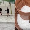 A la izquierda: dos chicas y un joven jugando con el granizo en las calles. A la derecha: dos macetas cubiertas con hielo granizado