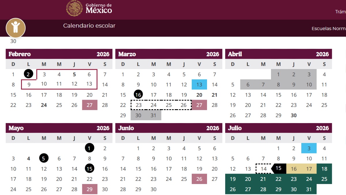 Esquema del Calendario oficial de la SEP con fechas de descansos programados