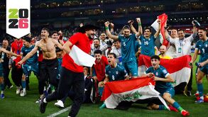 Selección de Irak festejando su pase al Mundial 2026 a través del repechaje contra Bolivia.