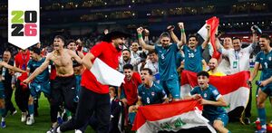 Selección de Irak festejando su pase al Mundial 2026 a través del repechaje contra Bolivia.