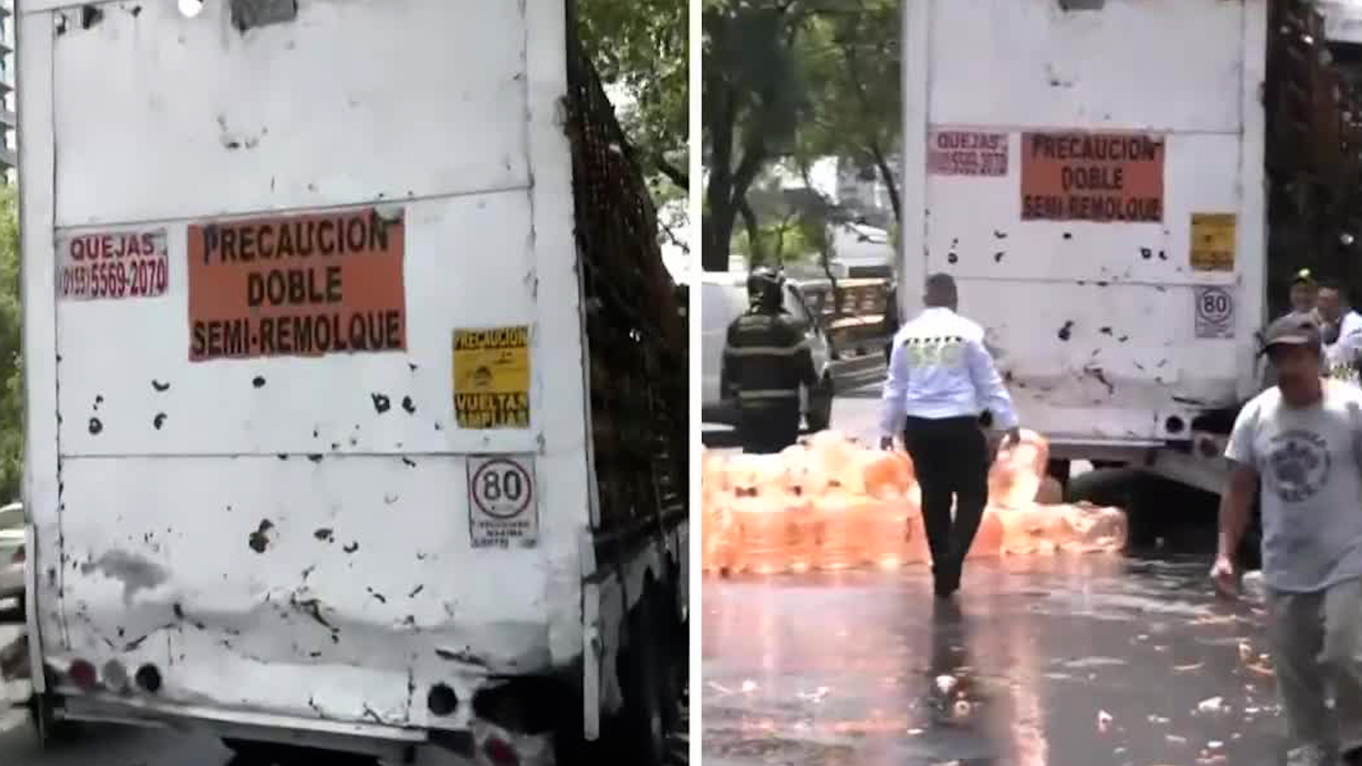 La volcadura de un camión repartidor de agua garrafones quedaron regados en el asfalto.