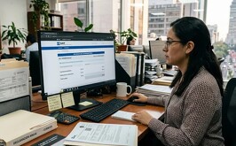 Mujer realizando su declaración anual ante el Servicio de Administración Tributaria.