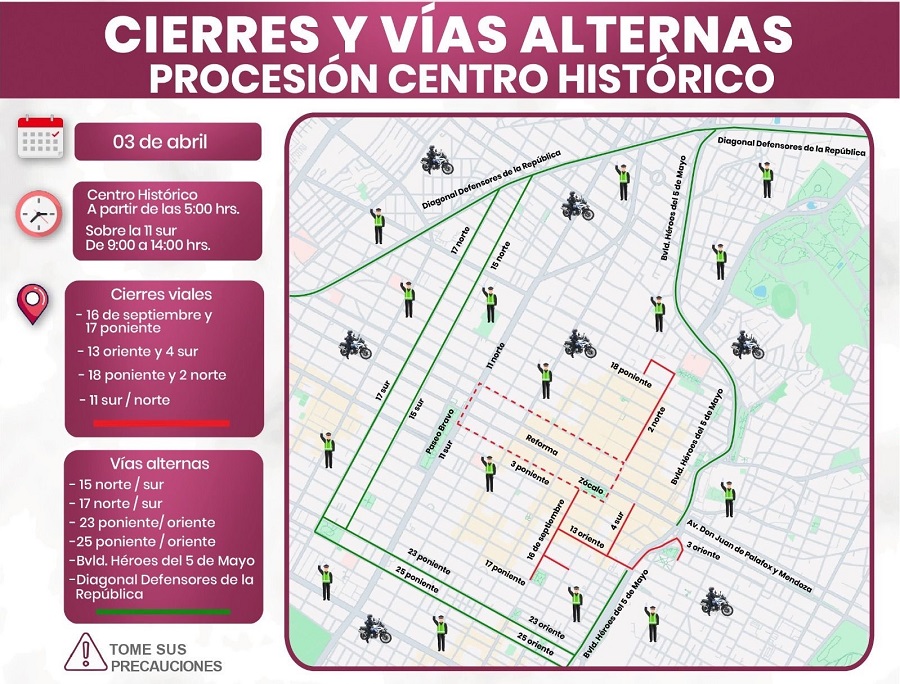 Mapa que muestra calles cerradas y vías alernas por la procesión de Viernes Santo en Puebla.