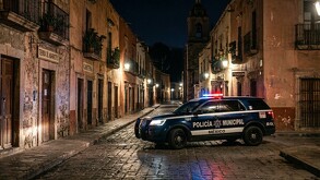 Se observa una camioneta que es patrulla, está en medio de la calle solitaria.