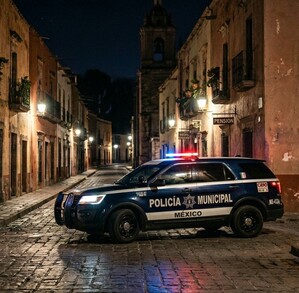 Se observa una camioneta que es patrulla, está en medio de la calle solitaria.