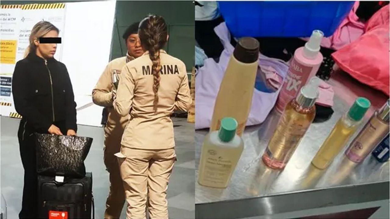 Una mujer procedente de Bogotá fue detenida en el AICM al intentar ingresar clorhidrato de cocaína oculto en 14 frascos disfrazados de cosméticos.