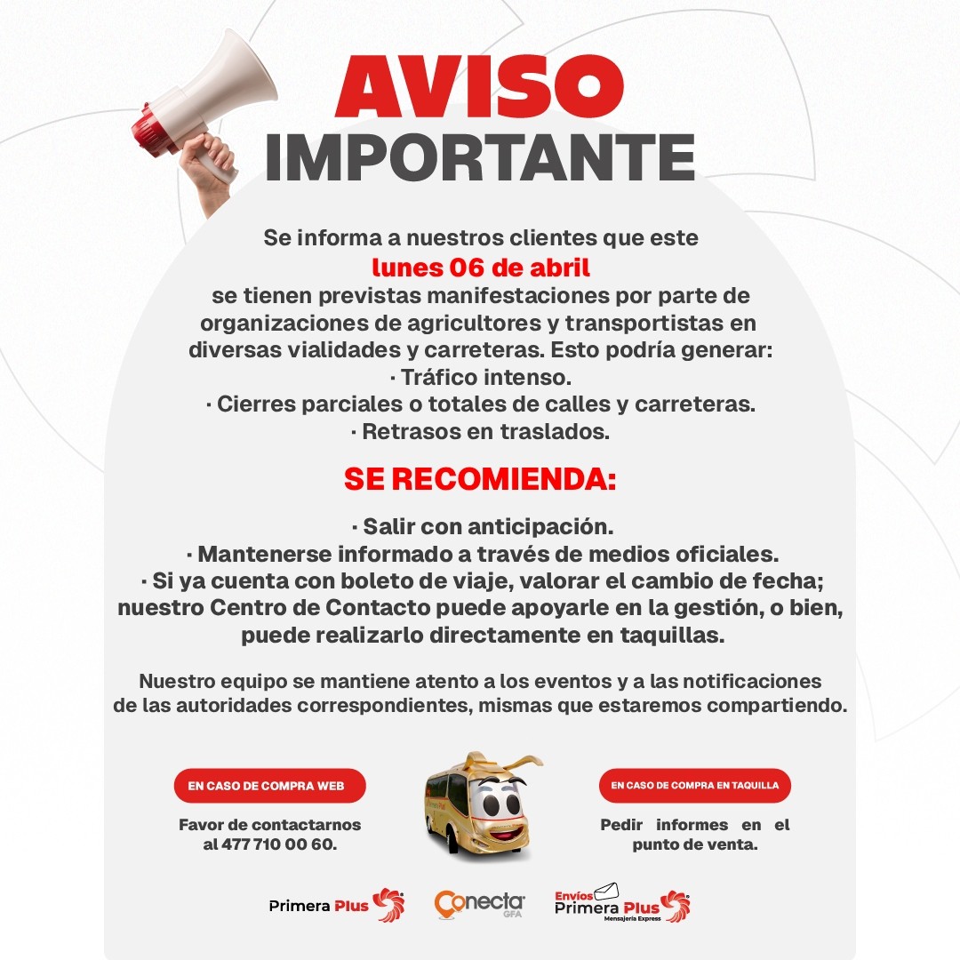 Comunicado de Primera Plus sobre manifestaciones de transportistas este lunes 6 de abril