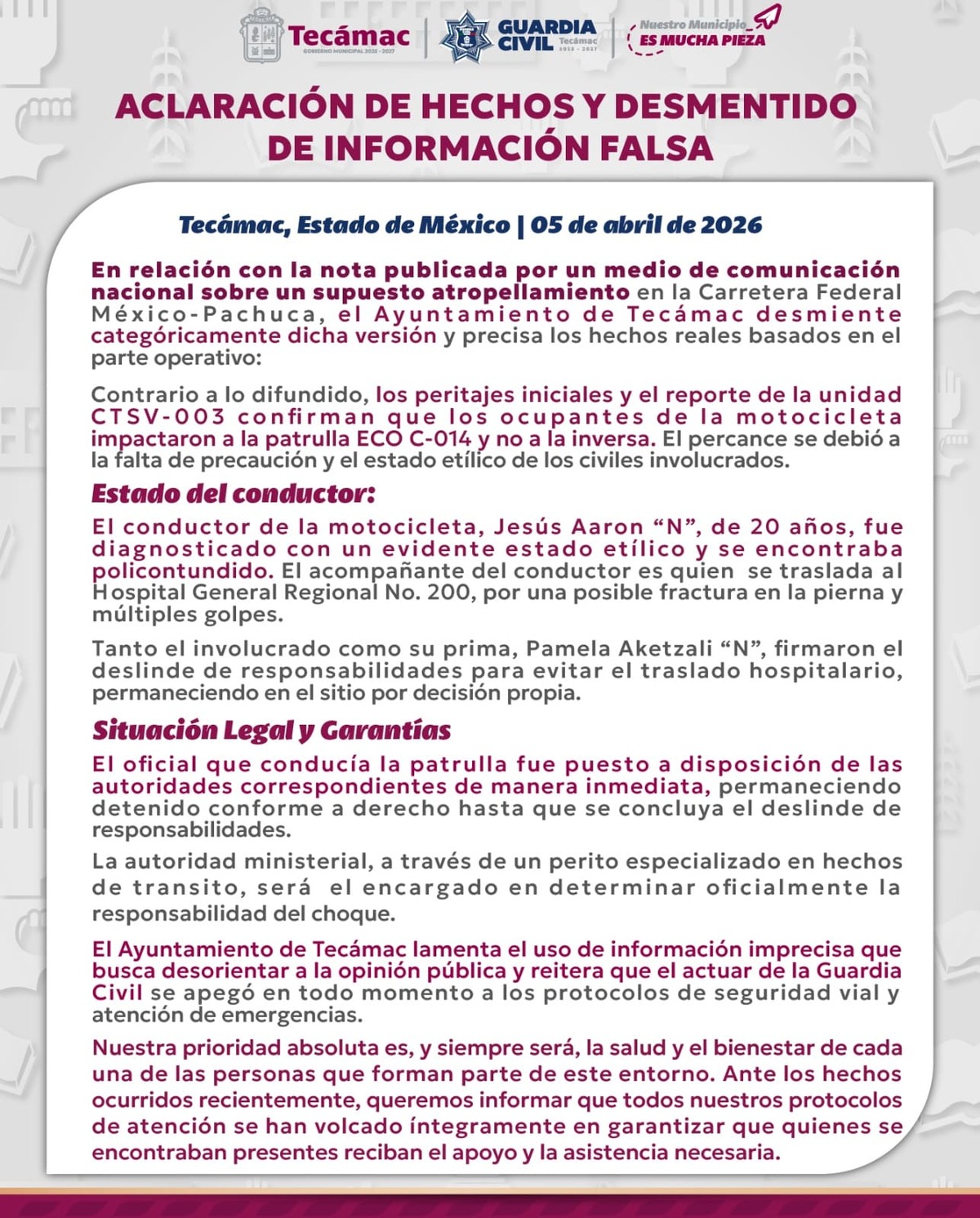Comunicado ayuntamiento de Tecámac sobre accidente Guardia Civil