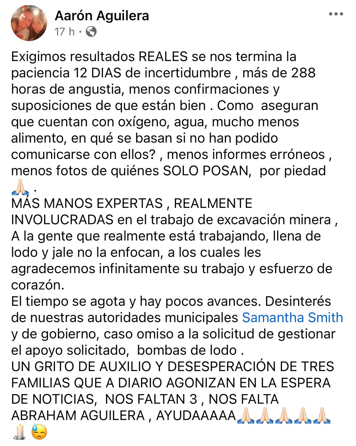 A 12 días, familia de minero de Guanajuato atrapado pide apoyo y equipo especializado para el rescate.