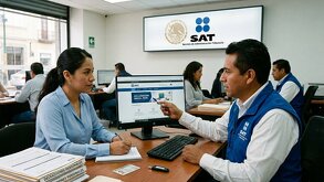 Contribuyente local (poblana, alrededor de 35 años) siendo asistida por un funcionario en una oficina del SAT, lo cual genera empatía y cercanía.