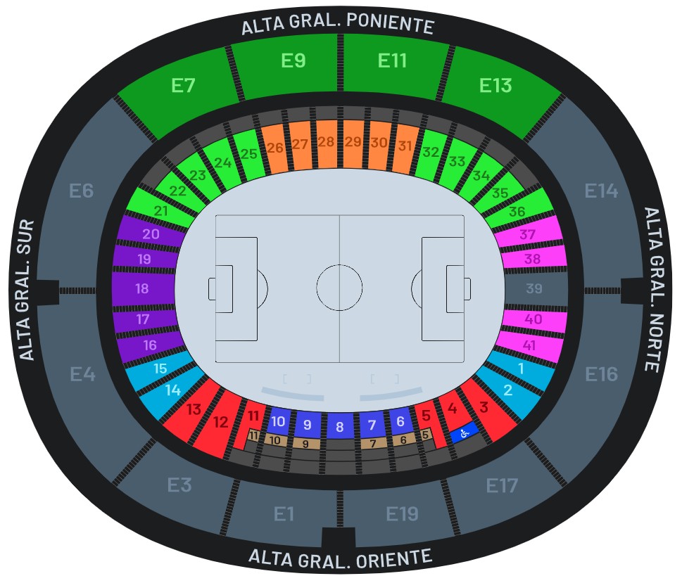 Mapa de zonas del Estadio Jalisco para Atlas vs Monterrey