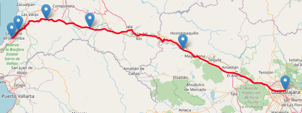 El portal Tarifas CAPUFE traza una ruta con las paradas oficiales por caseta de Guadalajara a Guayabitos para consulta de los viajeros y turistas