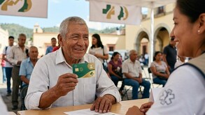 Hombre pide servicio de atención médica en un módulo con su credencial del Servicio Universal de Salud Tlaxcala