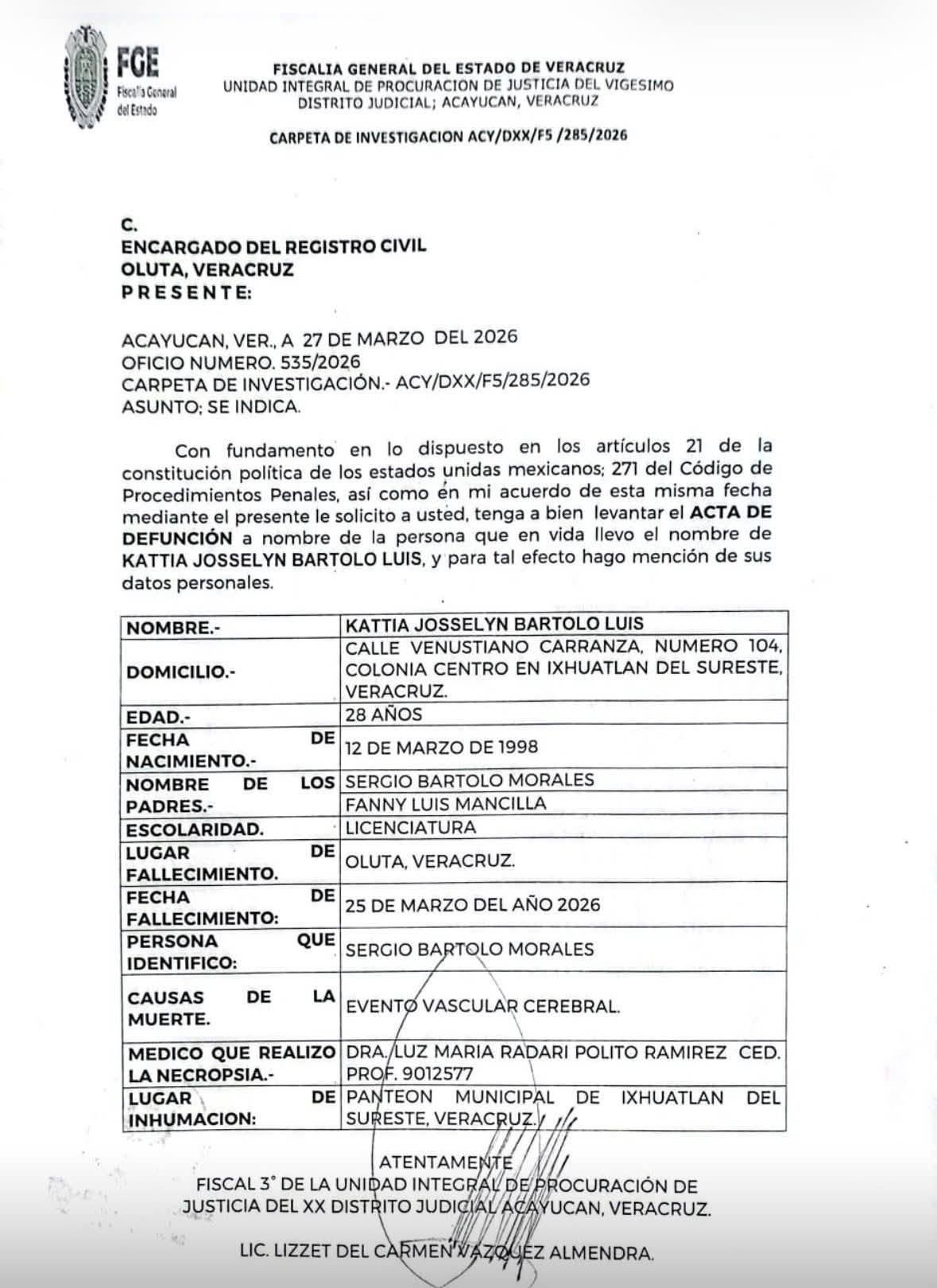 acta de defunción de la cajera de Capufe, Kattia Josselyn Bartolo Luis.
