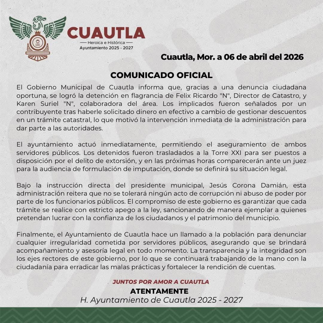 Comunicado Ayuntamiento de Cuautla por detención director de Catastro