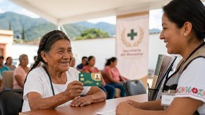 Mujer mayor de 85 años acude a recibir atención médica con su credencial universal de salud en Oaxaca