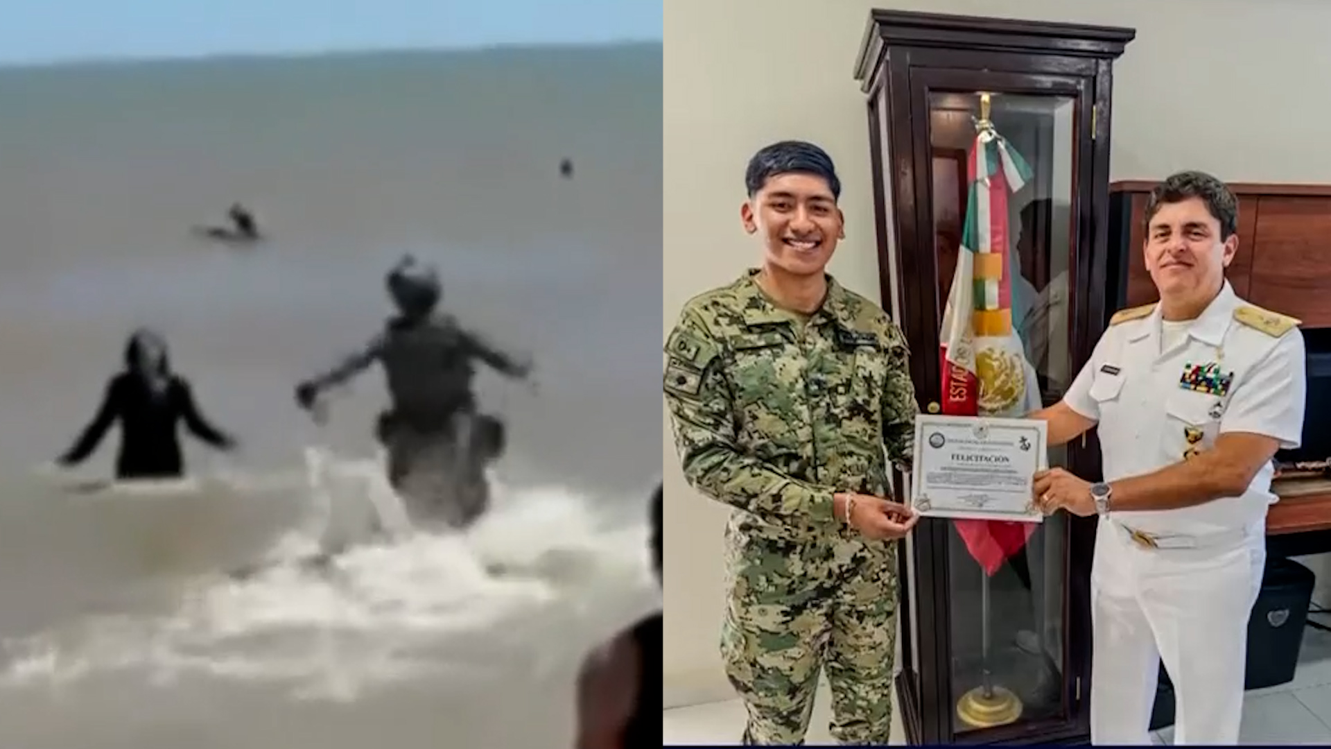 Un elemento de la Secretaría de Marina arriesgó su vida en Playa de San Felipe para rescatar a dos jóvenes en riesgo de ahogarse. Mira el video del rescate.