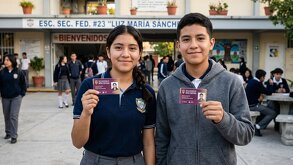 dos estudiantes de secundaria con su tarjeta de la beca rita cetina