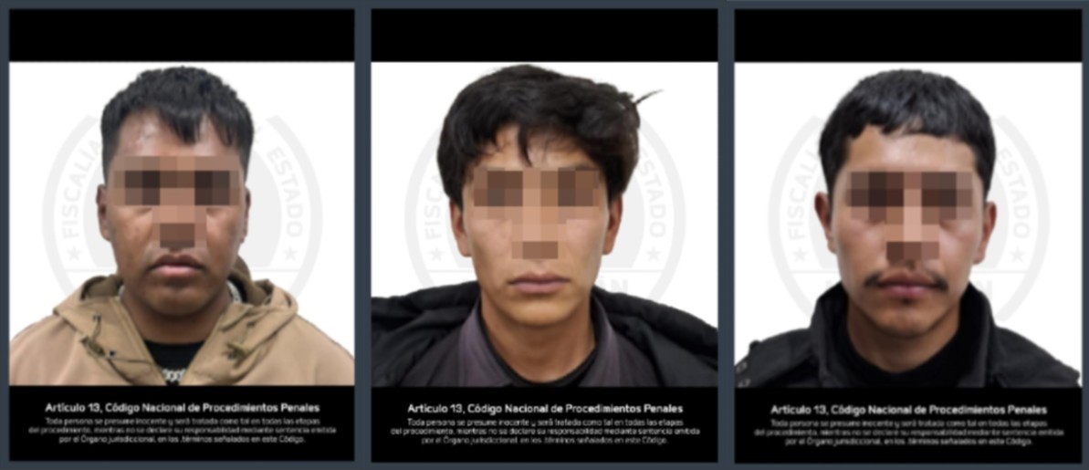 Fichas de detención de la Fiscalía del Estado Michoacán con las imágenes de tres hombres con los ojos y nariz censurados