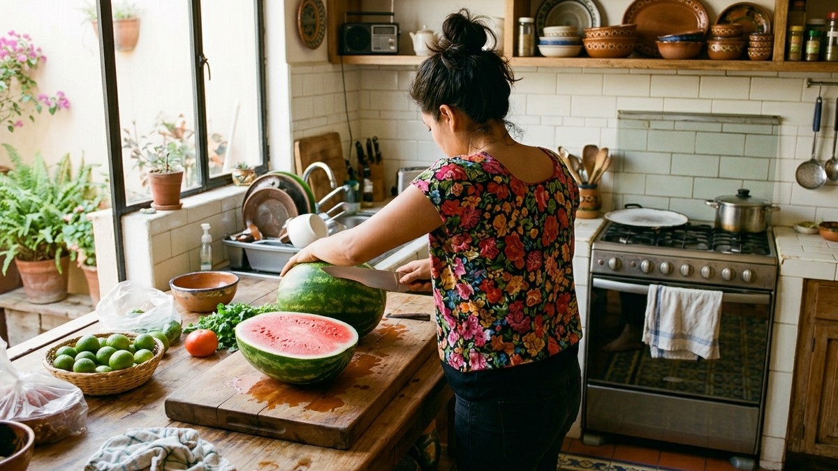 Se observa a una mujer dentro de una cocina que está partiendo una sandía con un cuchillo.