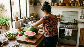Se observa a una mujer dentro de una cocina que está partiendo una sandía con un cuchillo.