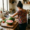 Se observa a una mujer dentro de una cocina que está partiendo una sandía con un cuchillo.