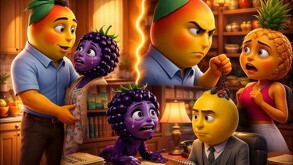 Imágenes generadas con IA de frutas como mango, uva, piña y limón con expresiones y cuerpos humanos en situaciones dramáticas de una novela