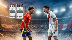 Lamine Yamal de la Selección de España ante Santiago Ormeño de Perú.