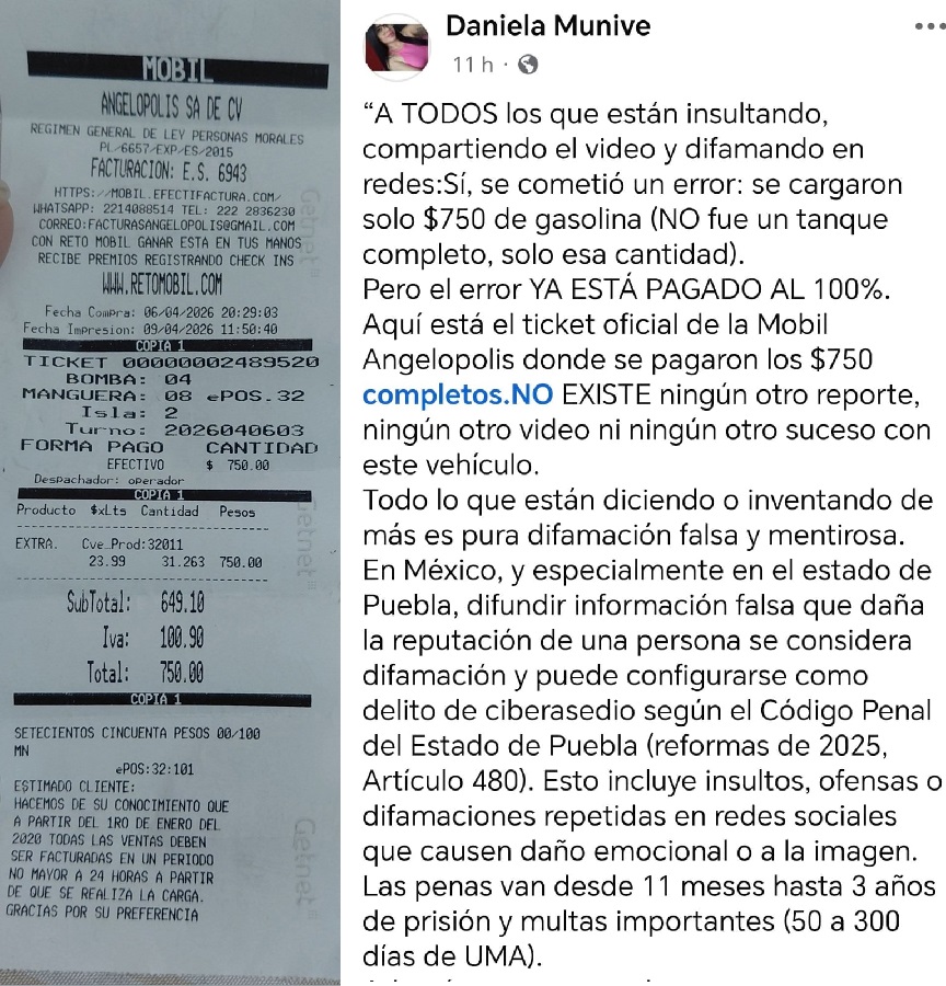 Nota de pago junto a una publicación de Facebook de una mujer que acusa difamación.