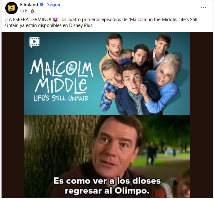 Captura de pantalla de una publicación en Facebook sobre un meme del regreso de Malcolm in the Middle en Disney Plus