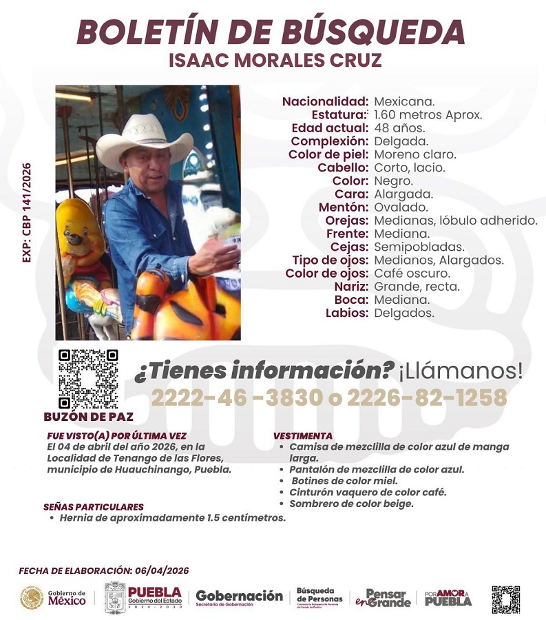 Boletín de búsqueda de una persona con sombrero en Puebla.