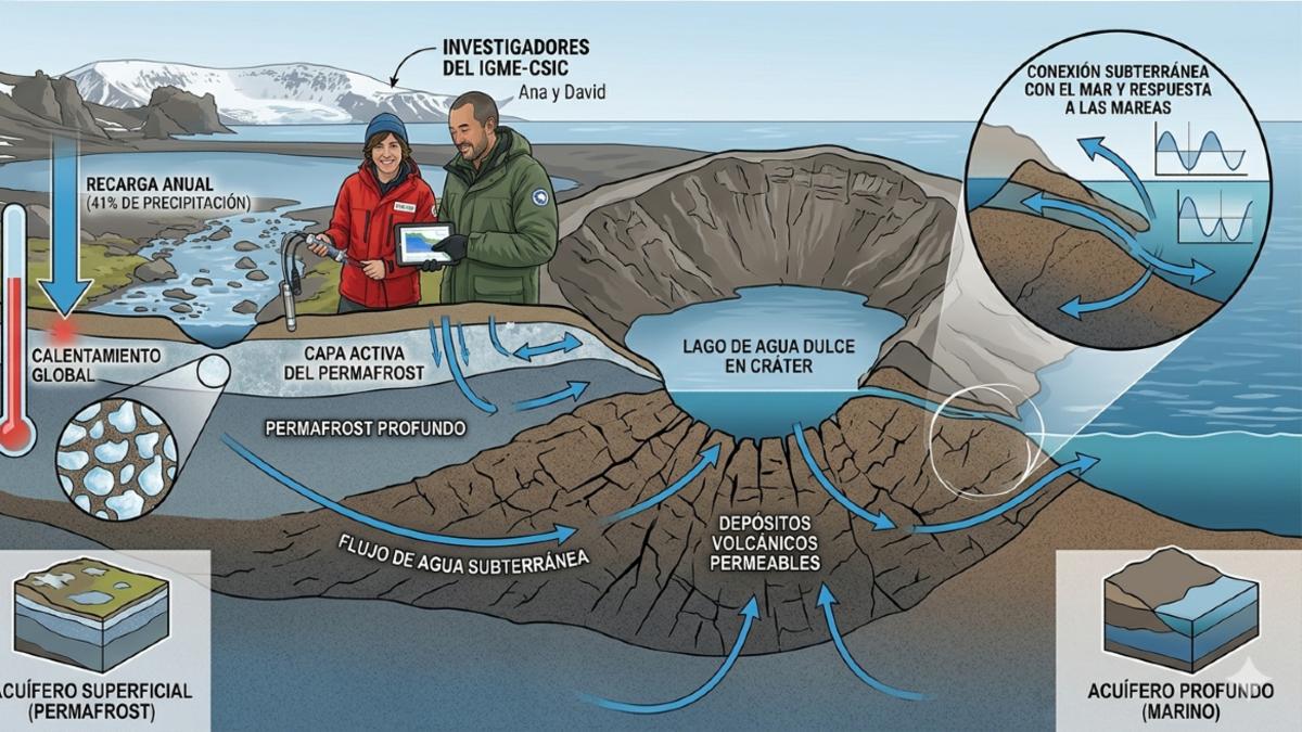 Esquema del flujo del agua subterránea en la Antártida y cómo se refleja su efecto en el ecosistema