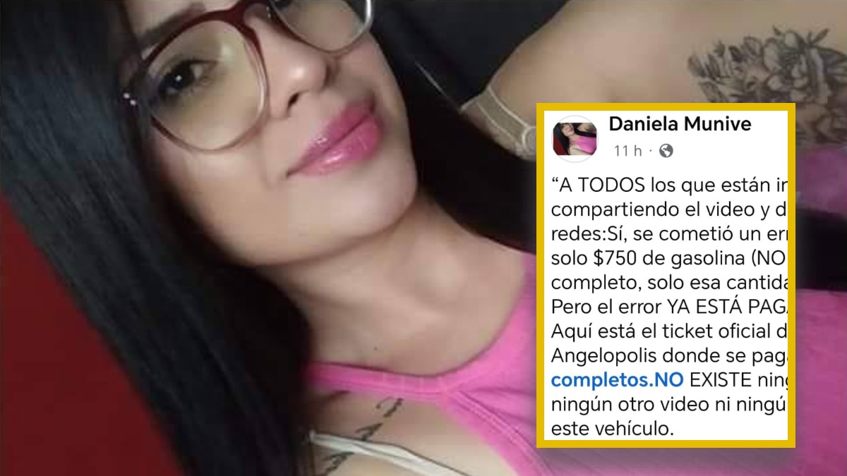 Mujer de lentes y con blusa rosa junto a una imagen de una publicación de Facebook.
