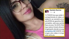 Mujer de lentes y con blusa rosa junto a una imagen de una publicación de Facebook.